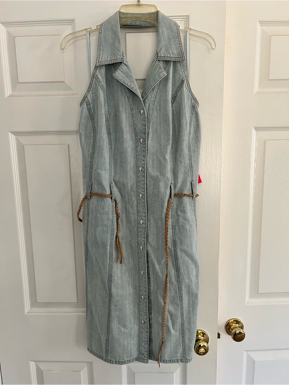 Sleeveless Light Wash Denim Button-snap Front Dress with Braided belt